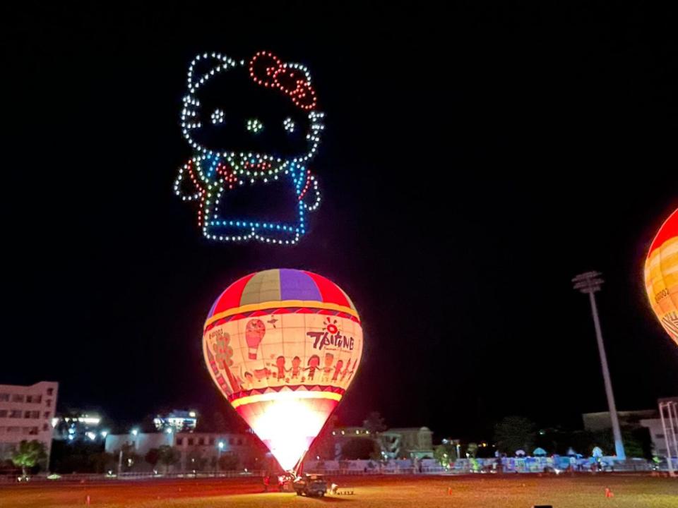超人氣的Hello Kitty圖形出現在熱氣球上方，民眾直呼「好可愛，太美了」。（記者鄭錦晴攝）