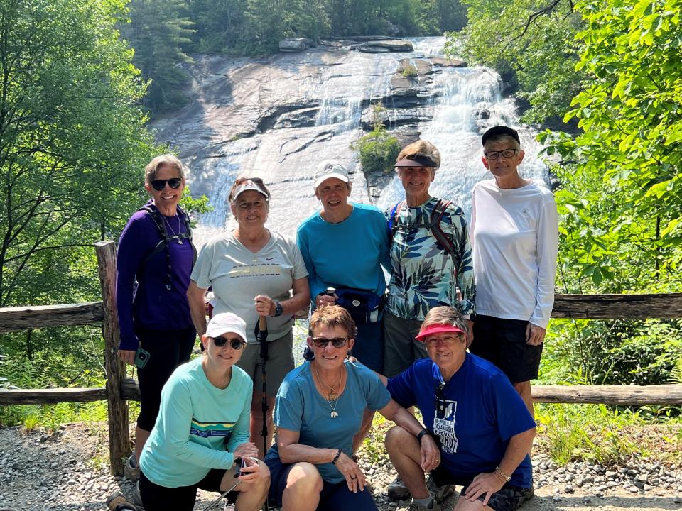 Former FSU softball coach JoAnne Graf (front row, red visor) is hiking with friends, including former FSU softball players, in North Carolina.