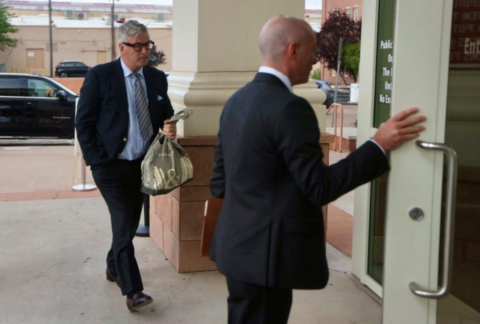 Baldwin arrives at the courthouse for a pretrial hearing Monday, in New Mexico (AP)