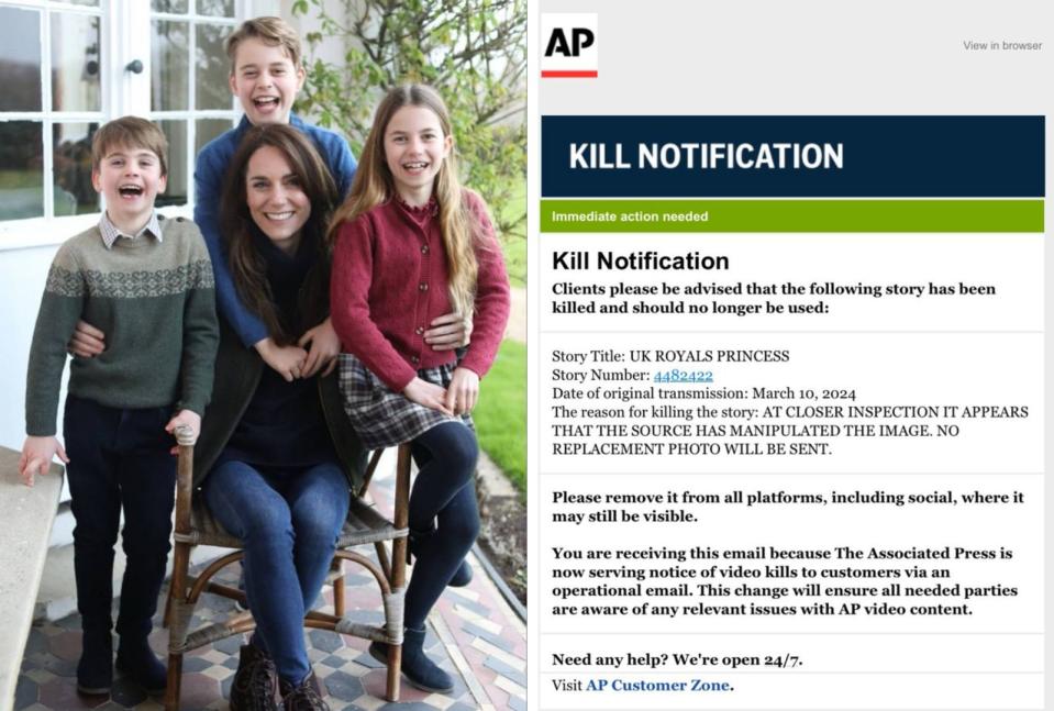 凱特王妃與3個孩子的母親節照片，遭《美聯社》等國際通訊社認定是經過變造的假照片。（翻攝X@KensingtonRoyal）