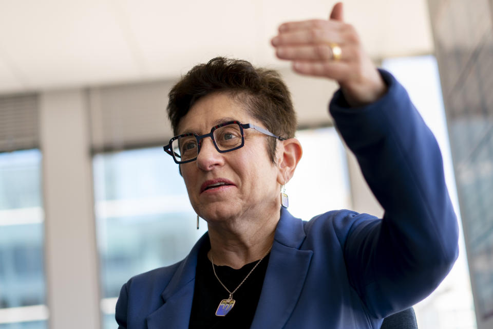 Gigi Sohn, who withdrew her long delayed nomination by the Biden administration for the Federal Communications Commission, speaks during an interview with the Associated Press at Georgetown University Law Center, Tuesday, April 4, 2023, in Washington. (AP Photo/Andrew Harnik)