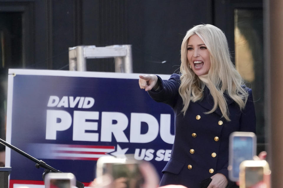 Ivanka Trump, Assistant to the President, speaks during a campaign rally for Republican Georgia Senators Kelly Loeffler and David Perdue, Monday, Dec. 21, 2020, in Milton, Ga. (AP Photo/John Bazemore)