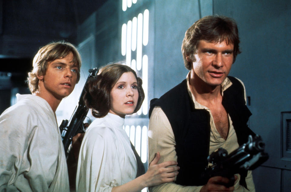 Mark Hamill, Carrie Fisher and Harrison Ford in A New Hope