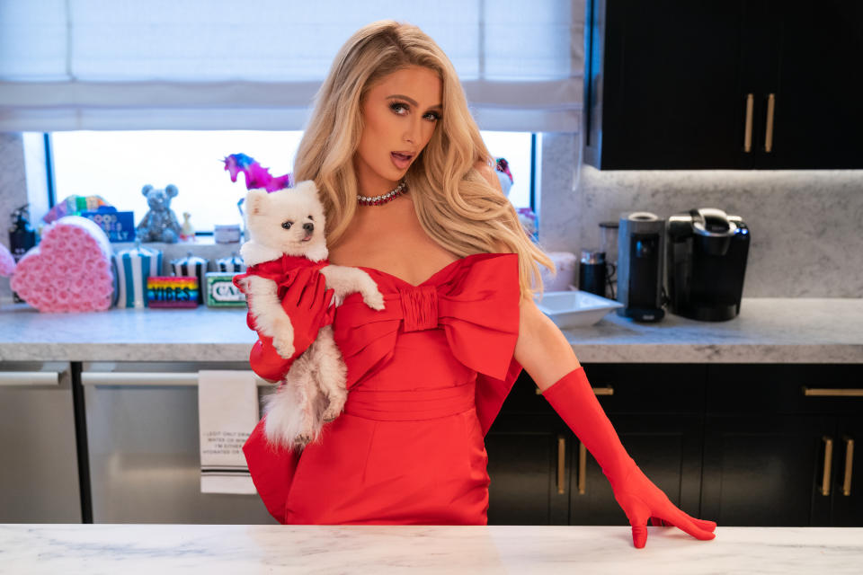 This is what Paris Hilton wears when she&#39;s reheating last night&#39;s spag bol. See more on Cooking With Paris on Netflix. Picture: Netflix