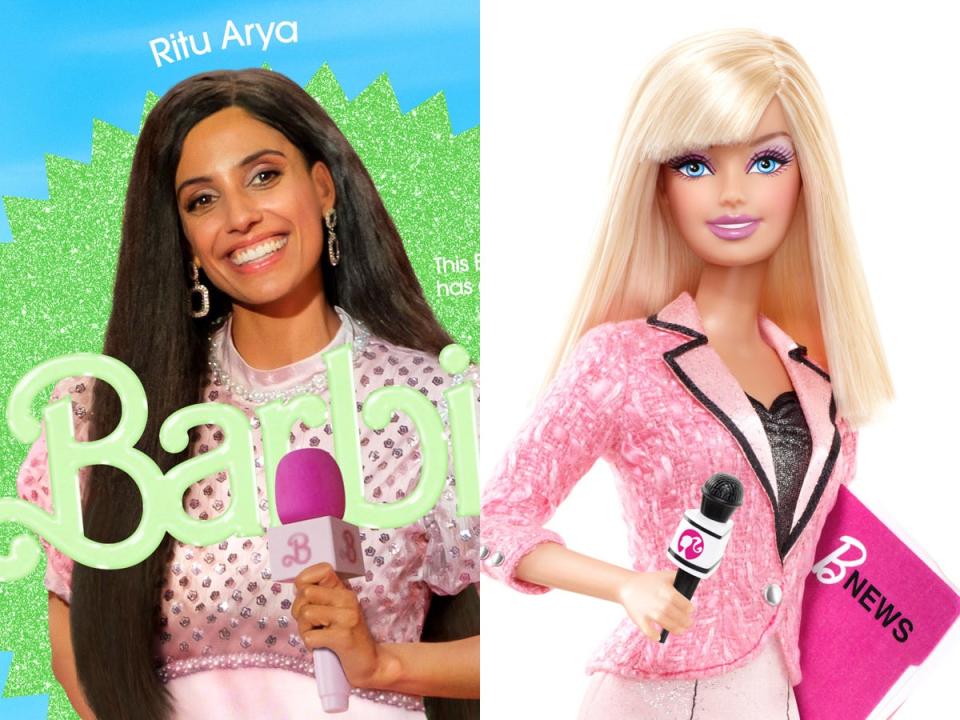 Left: Ritu Arya as Reporter Barbie for "Barbie." Right: The 2010 New Anchor Barbie.