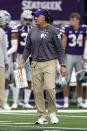 Kansas State head coach Chris Klieman instructs his team during time out in the first half of an NCAA college football game against Stanford in Arlington, Texas, Saturday, Sept. 4, 2021. (AP Photo/Tony Gutierrez)