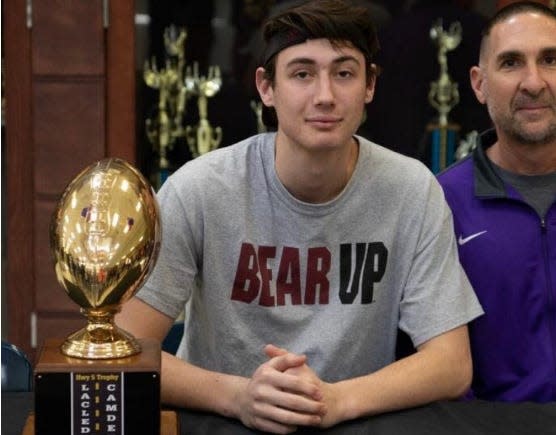 Camdenton High School senior Paxton DeLaurent wears a Missouri State football T-shirt after committing to the Bears in 2020.