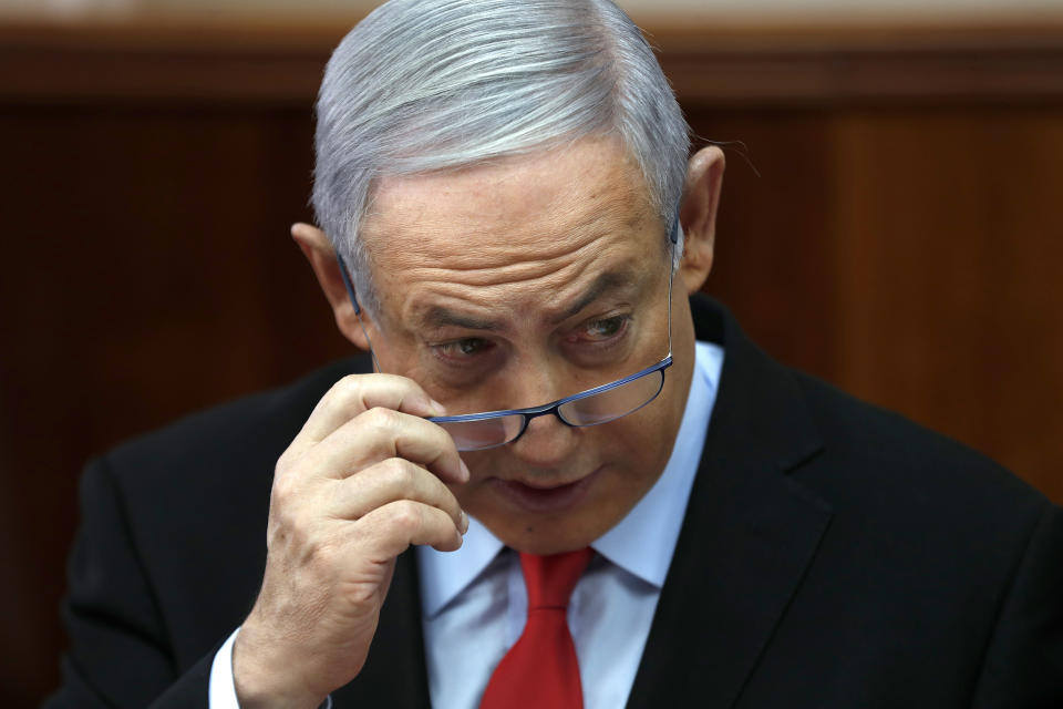 Israeli Prime Minister Benjamin Netanyahu holds a cabinet meeting in Jerusalem Wednesday, Nov. 13, 2019. (Ronen Zvulun/Pool Photo via AP)