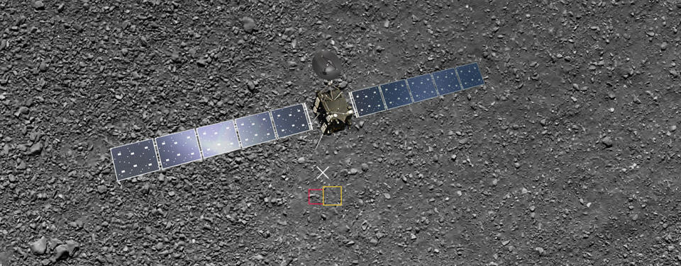 This artist's impression shows Rosetta descending to its landing site on Comet 67P. The spacecraft is superimposed on a real image taken by the OSIRIS wide-angle camera. Rosetta's final resting place is marked with a white cross, and the two boxes indicate where Rosetta took its final photos. <cite>ESA/ATG Medialab/Rosetta/MPS for OSIRIS Team MPS/UPD/LAM/IAA/SSO/INTA/UPM/DASP/IDA</cite>