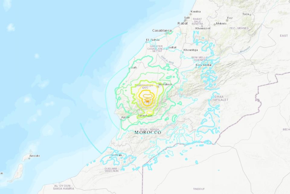 摩洛哥馬拉喀什市西南方，8日發生規模6.8強震。 (圖:USGS)