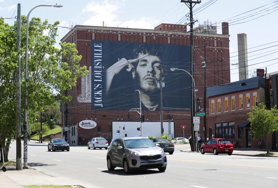 Rap music star and Louisvillian Jack Harlow was honored with a Hometown Heroes banner on the side of the A-OK Storage Building at the corner of Broadway and Barrett Ave. in Louisville, Ky. on May 3, 2023.  