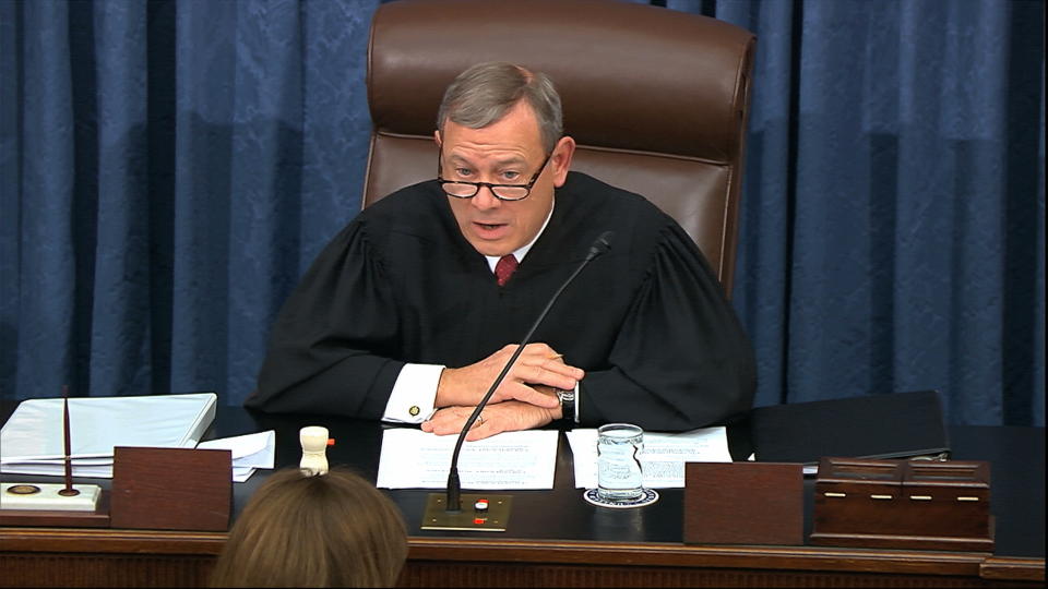 In this image from video, presiding officer Supreme Court Chief Justice John Roberts speaks during the impeachment trial against President Donald Trump at the U.S. Capitol in Washington, Thursday, Jan. 16, 2020. (Senate Television via AP)