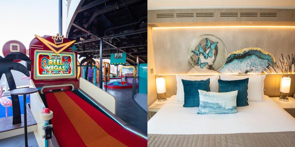 A composite image of a mini golf course and a stateroom.