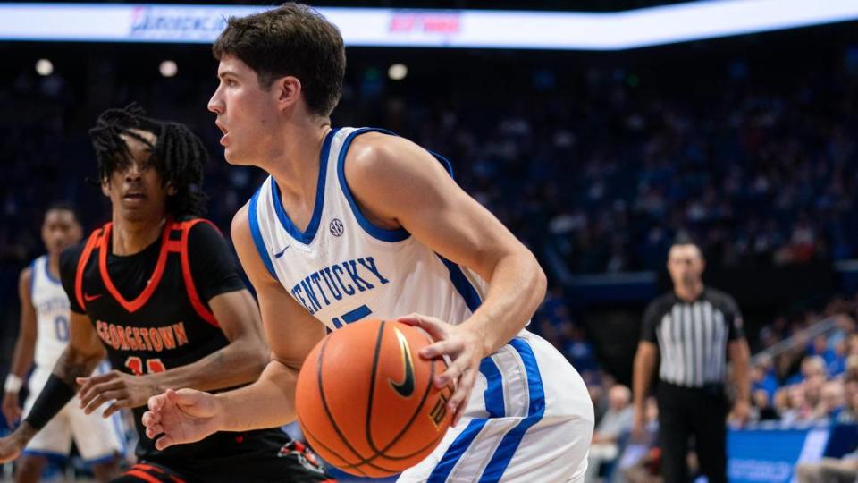 Kentucky Wildcats freshman guard Reed Sheppard (15) drives toward the basketball during an exhibition game against Georgetown College on Friday Oct. 27, 2023 at Rupp Arena in Lexington, Ky. Sheppard is the son of two UK basketball legends in Stacey Reed Sheppard and Jeff Sheppard.