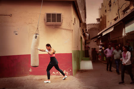 Arifa Bseiso boxes an opponent in a scene shot for the Nike Middle East ad campaign filmed in Dubai, UAE, February 13, 2017. Nike/Handout via REUTERS