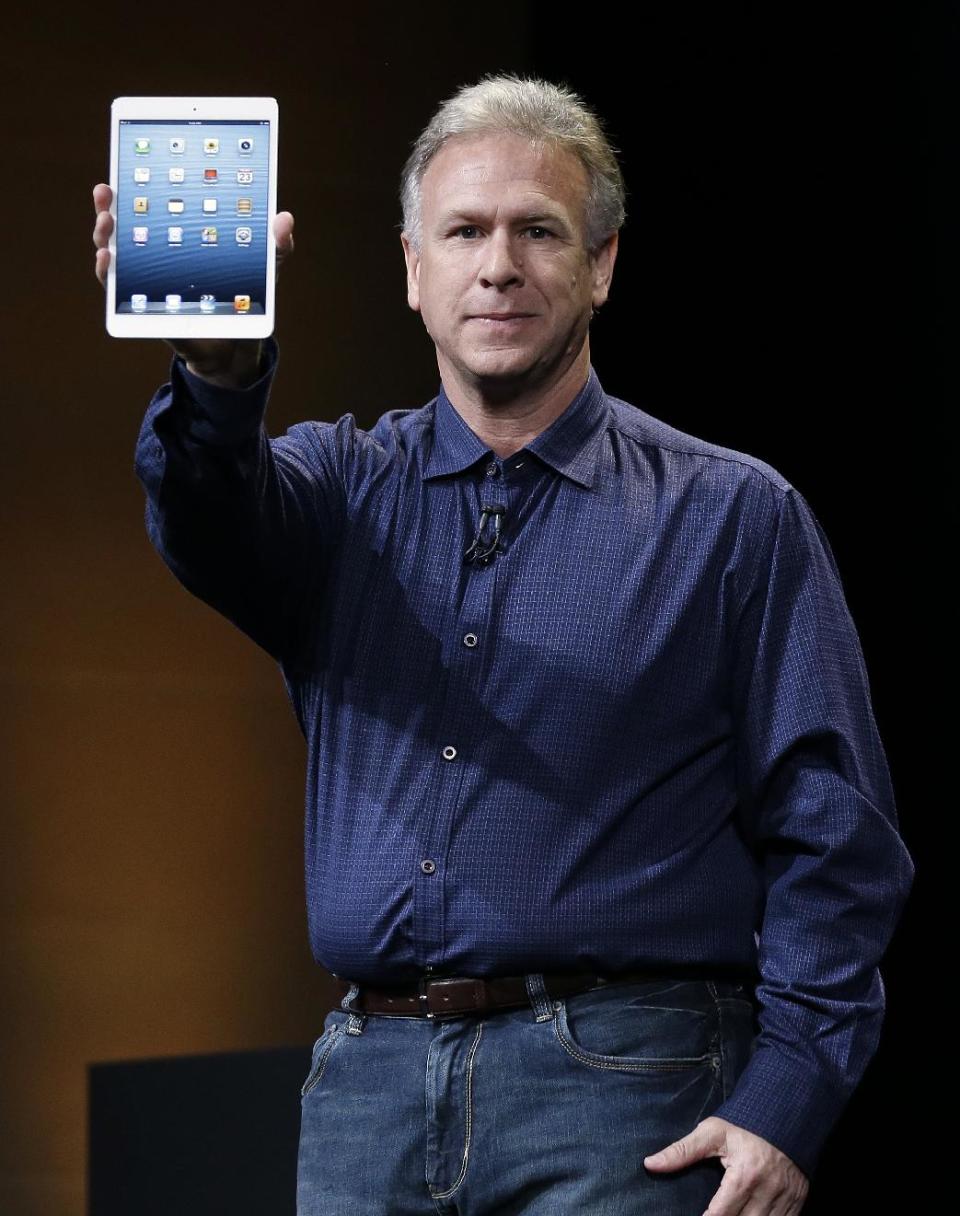 Phil Schiller, Apple's senior vice president of worldwide product marketing, introduces the iPad Mini in San Jose, Calif., Tuesday, Oct. 23, 2012. (AP Photo/Marcio Jose Sanchez)