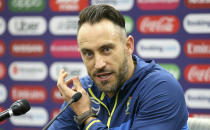 South Africa's Faf du Plessis speaks during a press conference at The Oval, London, Wednesday May 29, 2019 on the eve of the opening match of the Cricket World Cup. (Nigel French/PA via AP)