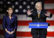 <p>Republican presidential nominee Sen. John McCain speaks to the crowd during his election night rally in Phoenix, Ariz., Nov. 4, 2008. Joining McCain is Republican vice presidential nominee Alaska Gov. Sarah Palin. (Photo: Mike Blake/Reuters) </p>