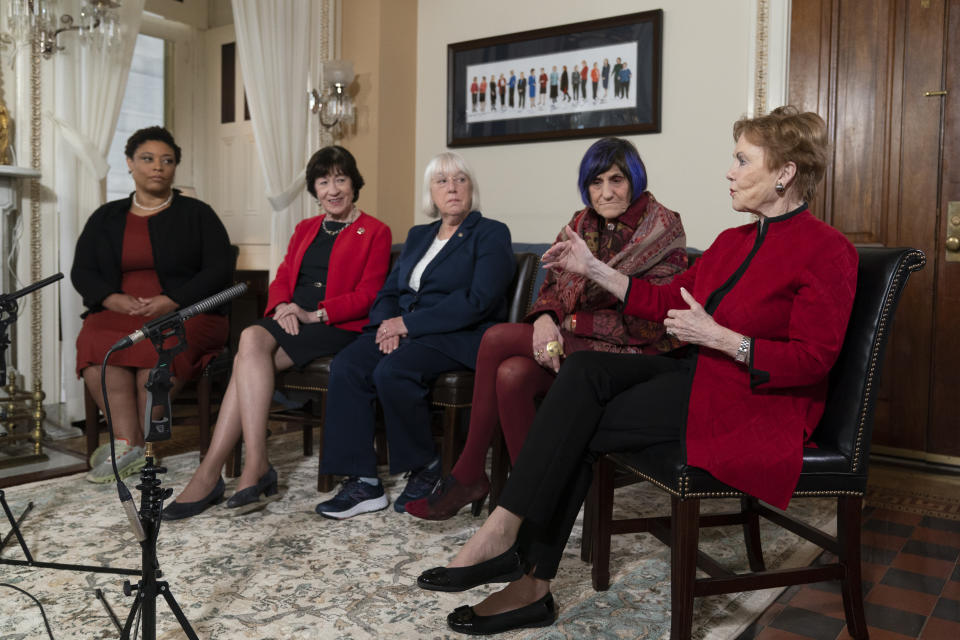 From left, Shalanda Young, the first Black woman to lead the Office of Management and Budget; Senate Appropriations Committee ranking member Sen. Susan Collins, R-Maine; Senate Appropriations Committee chair Sen. Patty Murray, D-Wash.; House Appropriations Committee ranking member Rep. Rosa DeLauro, D-Conn.; and House Appropriations chair Rep. Kay Granger, R-Texas, speak during an interview with The Associated Press at the Capitol in Washington, Thursday, Jan. 26, 2023. It's the first time in history that the four leaders of the two congressional spending committees are women. (AP Photo/Manuel Balce Ceneta)