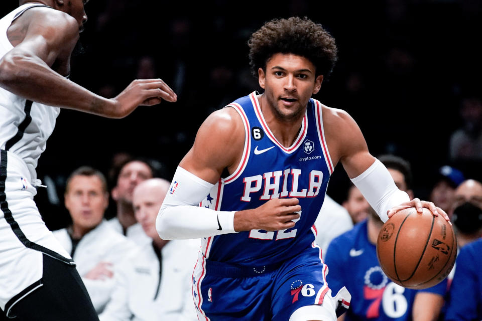 Philadelphia 76ers guard Matisse Thybulle runs with the ball during a preseason NBA game against the Brooklyn Nets on Oct. 3, 2022, in New York. (AP Photo/Julia Nikhinson)