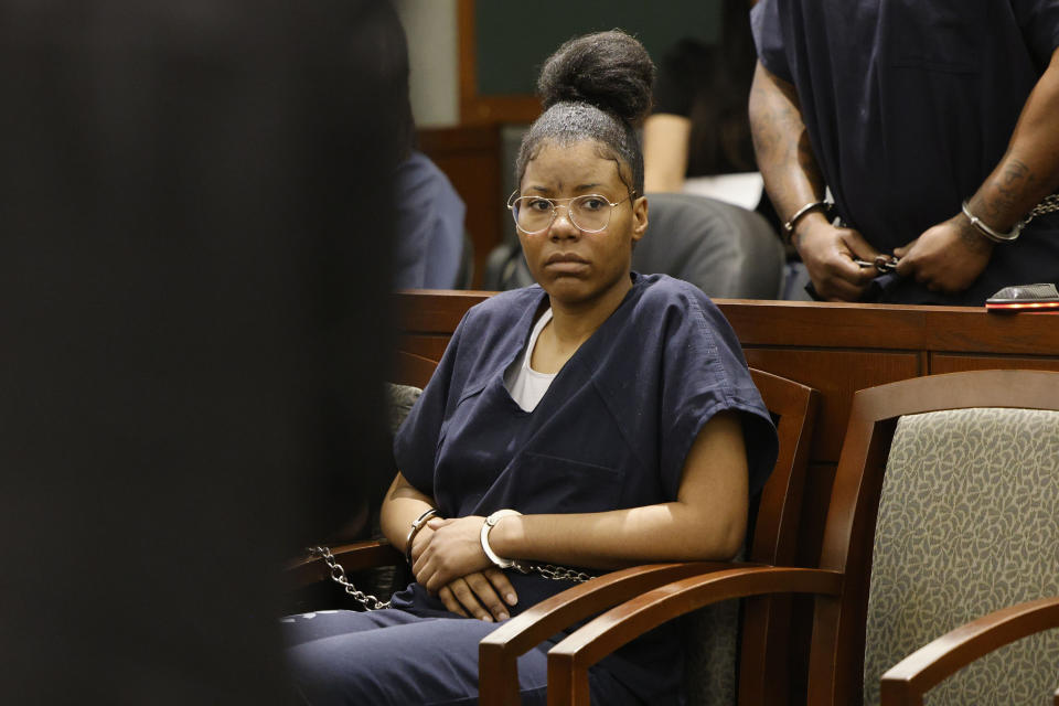 Paris Paradise Morton, 32, sits in court before a hearing on Thursday, May 18, 2023, in Las Vegas. Morton, who legally changed her name in October 2015 from Lakeisha Nicole Holloway, is accused of intentionally driving her car onto a Las Vegas Strip sidewalk in December 2015, killing one person and injuring dozens more. (Chitose Suzuki/Las Vegas Review-Journal via AP)