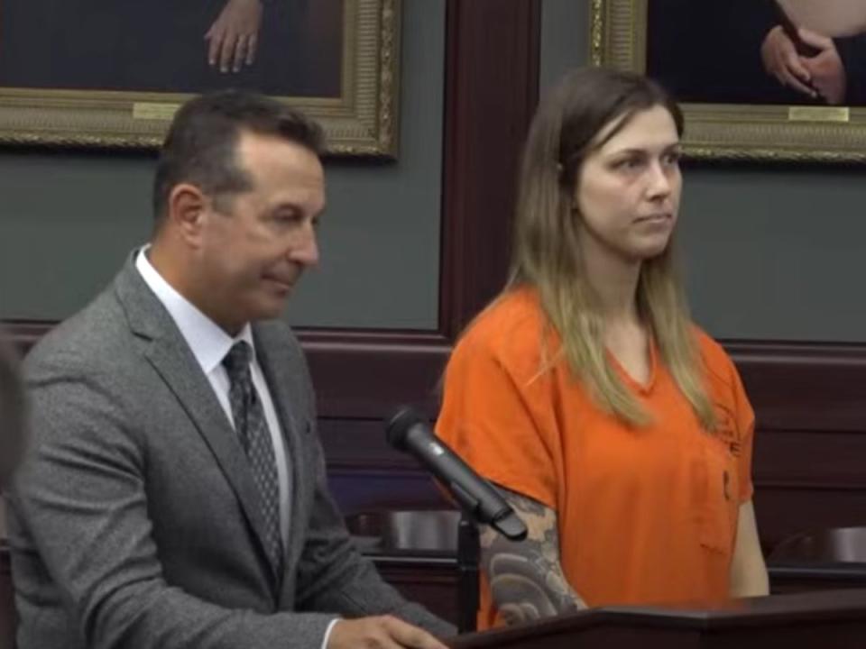 Shanna Gardner, right, who is accused of orchestrating the murder of her ex-husband, Jared Bridegan, pictured at a court hearing in November 2022 with her attorney, Jose Baez, left (screengrab/First Coast News)