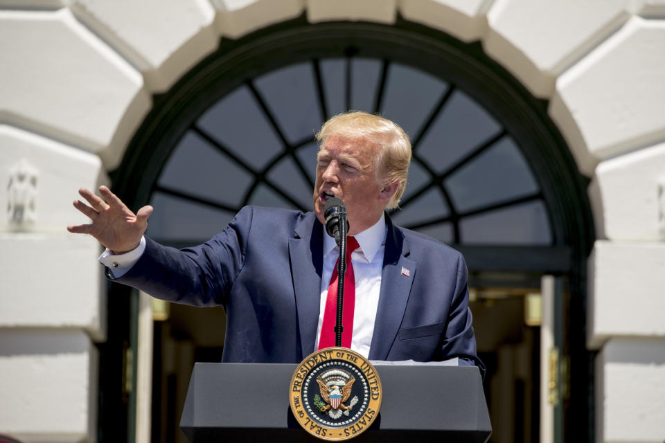 Trump, at an event outside of the White House on July 15, said he has no regrets about telling progressive Democratic congresswomen to &ldquo;go back&rdquo; to the countries they came from. Of the four he had in mind, only one was born outside the U.S. and she came to the country as a child. (Photo: <a href="https://www.huffpost.com/entry/trump-repeats-racist-remarks_n_5d2cb51ae4b08938b09907a7" target="_blank">ASSOCIATED PRESS</a>)