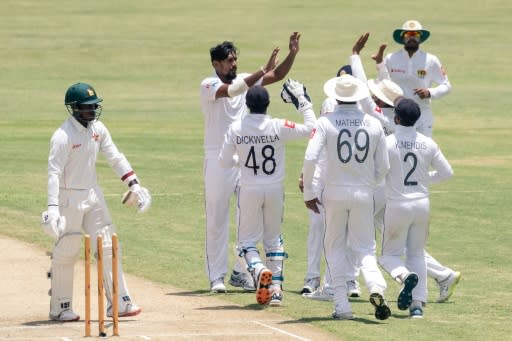 Sri Lanka celebrate the dismissal of Zimbabwe opener Kevin Kasuza