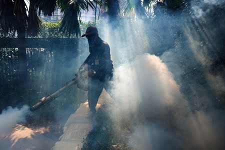 FILE PHOTO: A worker sprays insecticide for mosquitos at a village in Bangkok