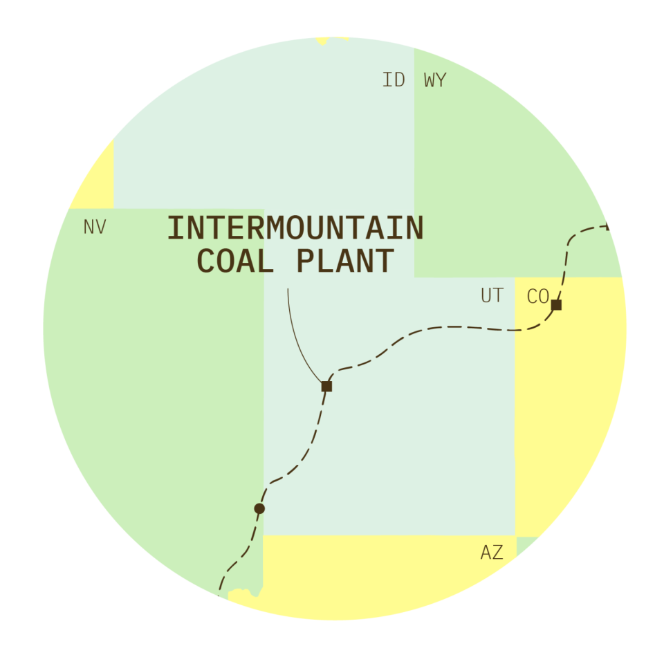 The planned route of Phil Anschutz's 732-mile power line. This closeup highlights Intermountain Power Plant.