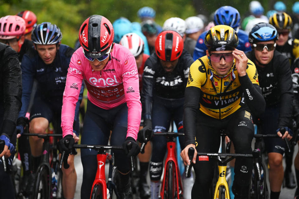 VIAREGGIO ITALY  MAY 16 LR Geraint Thomas of The United Kingdom and Team INEOS Grenadiers  Pink Leader Jersey and Primo Rogli of Slovenia and Team JumboVisma competes during the 106th Giro dItalia 2023 Stage 10 a 196km stage from Scandiano to Viareggio  UCIWT  on May 16 2023 in Viareggio Italy Photo by Tim de WaeleGetty Images