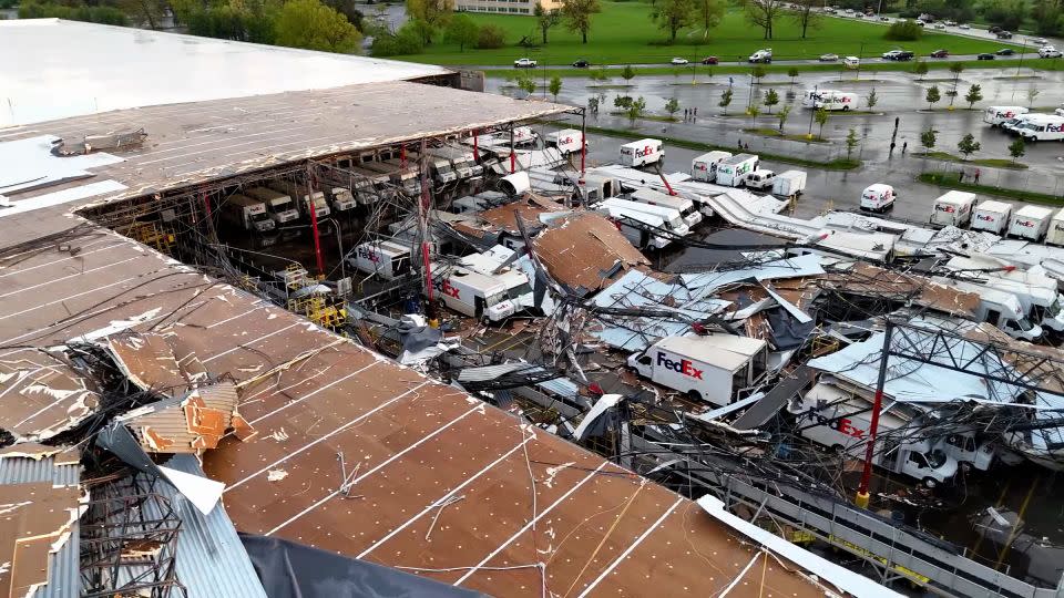 The roof at a FedEx building in Portage, Michigan, suffered storm damage on Tuesday. - Chicago & Midwest Storm Chasers