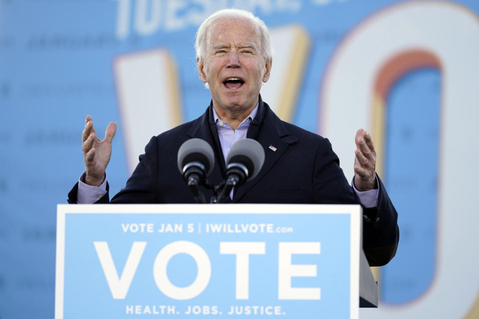 President-elect Joe Biden speaks in Atlanta, Monday, Jan. 4, 2021, to campaign for Georgia Democratic candidates for U.S. Senate, Rev. Raphael Warnock and Jon Ossoff. (AP Photo/Carolyn Kaster)