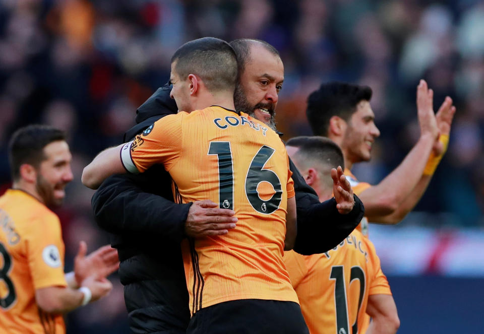 Soccer Football - Premier League - Tottenham Hotspur v Wolverhampton Wanderers - Tottenham Hotspur Stadium, London, Britain - March 1, 2020  Wolverhampton Wanderers manager Nuno Espirito Santo and Conor Coady celebrate after the match   Action Images via Reuters/Andrew Couldridge  EDITORIAL USE ONLY. No use with unauthorized audio, video, data, fixture lists, club/league logos or "live" services. Online in-match use limited to 75 images, no video emulation. No use in betting, games or single club/league/player publications.  Please contact your account representative for further details.