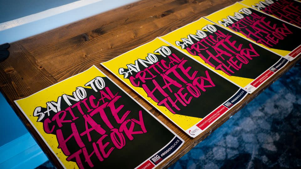 Signs reading "Say No To Critical Hate Theory" laid out during a Save Our Schools rally in Leesburg, Virginia, in September 2021. - Pete Marovich/The New York Times/Redux