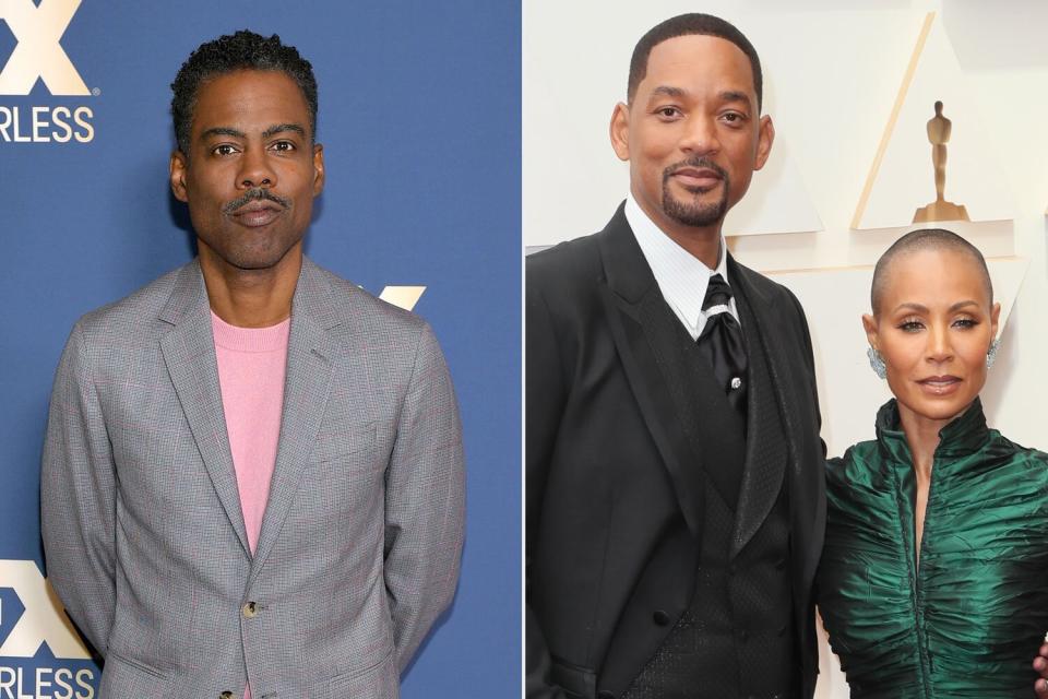 PASADENA, CALIFORNIA - JANUARY 09: Chris Rock of 'Fargo' attends the FX Networks' Star Walk Winter Press Tour 2020 at The Langham Huntington, Pasadena on January 09, 2020 in Pasadena, California. (Photo by Matt Winkelmeyer/Getty Images); HOLLYWOOD, CALIFORNIA - MARCH 27: (L-R) Will Smith and Jada Pinkett Smith attend the 94th Annual Academy Awards at Hollywood and Highland on March 27, 2022 in Hollywood, California. (Photo by David Livingston/Getty Images)