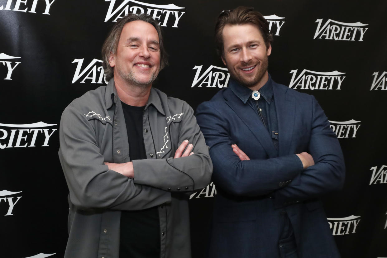 AUSTIN, TEXAS - MARCH 11: Richard Linklater and Glen Powell of the film Apollo 10½ pose at the Variety Studio at SXSW 2022 at JW Marriott Austin on March 11, 2022 in Austin, Texas. (Photo by Astrid Stawiarz/Getty Images for Variety)