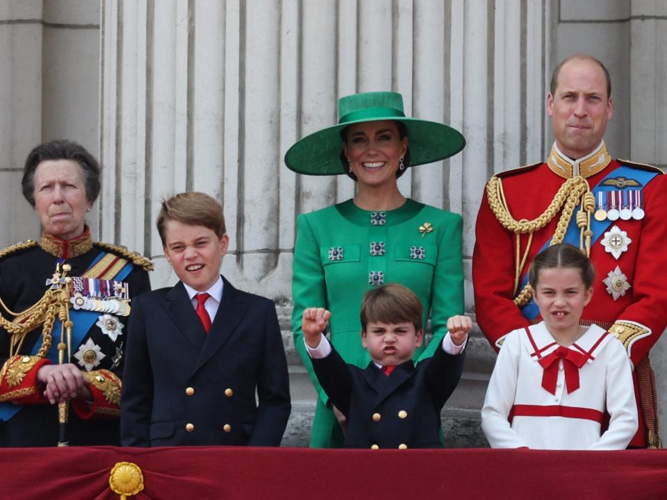 Princess Anne, Prince George, Prince Louis, Kate Middleton, Prince William, and Princess Charlotte on the balcony at Buckingham Palace during the Trooping the Colour on June 17.