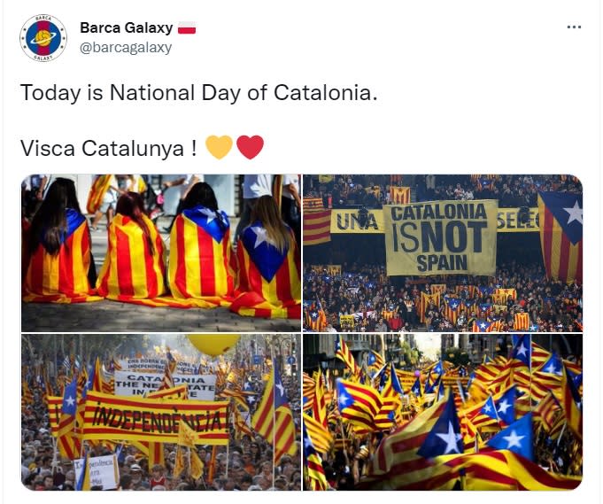 911是西班牙加泰隆尼亞民族日，當地國民議會宣揚獨立，舉辦遊行，估計有15萬人聚集在巴塞隆納。   圖：翻攝自推特