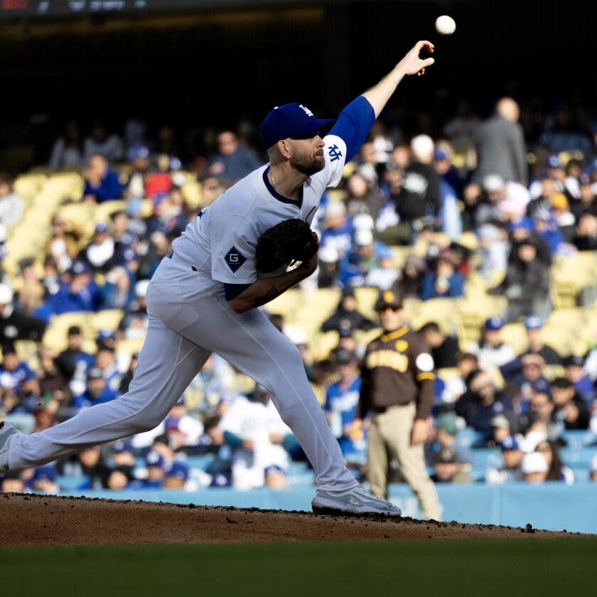 LOS ANGELES, CA - APRIL 14, 2024: Dodgers starting pitcher James Paxton pitches.