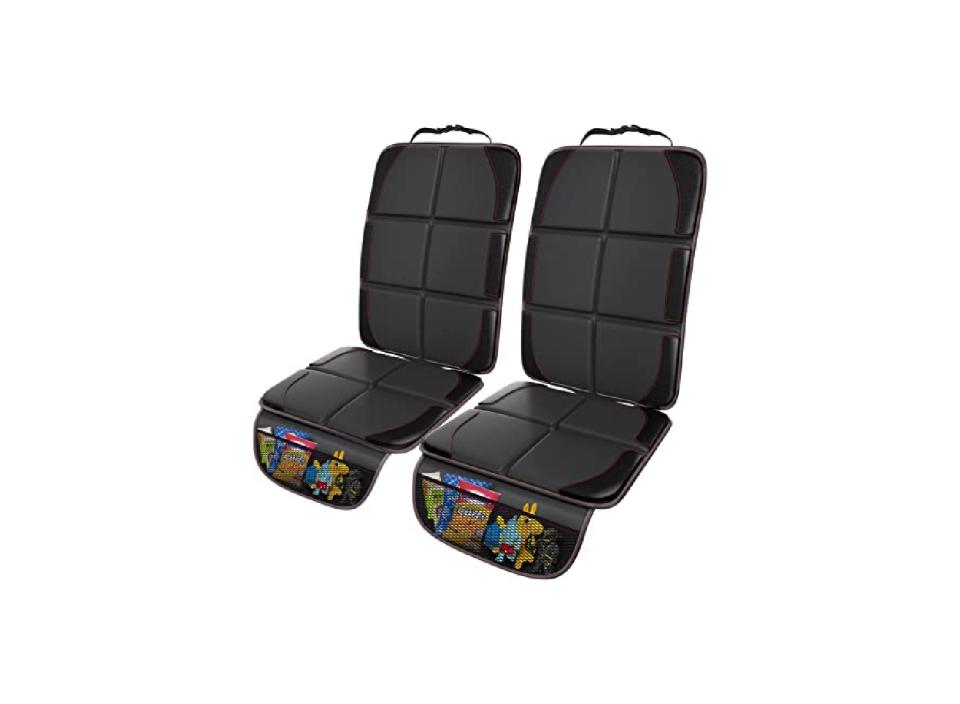 Slit design of car seat mat fits all sizes of baby car seats and leaves latch system access to accommodate seat belts