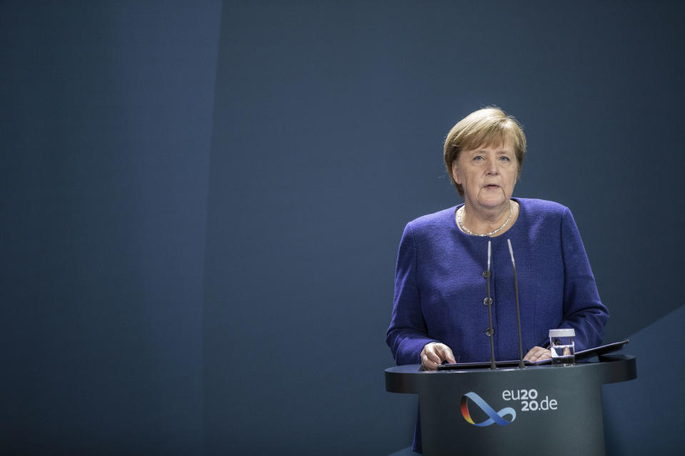 BERLIN, GERMANY - NOVEMBER 09: German Chancellor Angela Merkel speaks to the media following the projection by news outlets of Joe Biden as the winner of the recent U.S. presidential election on November 09, 2020 in Berlin, Germany. German government leaders have reacted with relief and congratulations following the projected win by Democrat Joe Biden over Republic incumbent Donald Trump in the U.S. presidential election. (Photo by Maja Hitij/Getty Images)