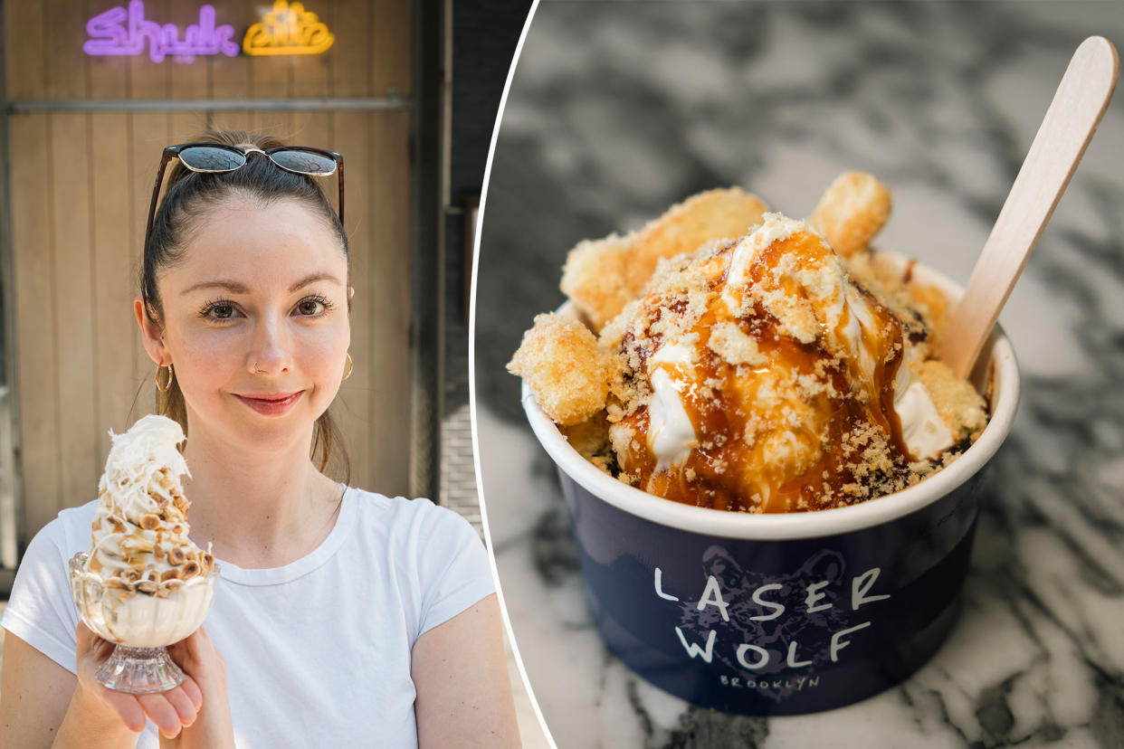 A woman holding two styles of soft serve ice cream, Tahini with Halva floss, hazelnuts, and pomegranate, and Brown sugar vanilla with grape molasses at Shukette restaurant, Brooklyn.