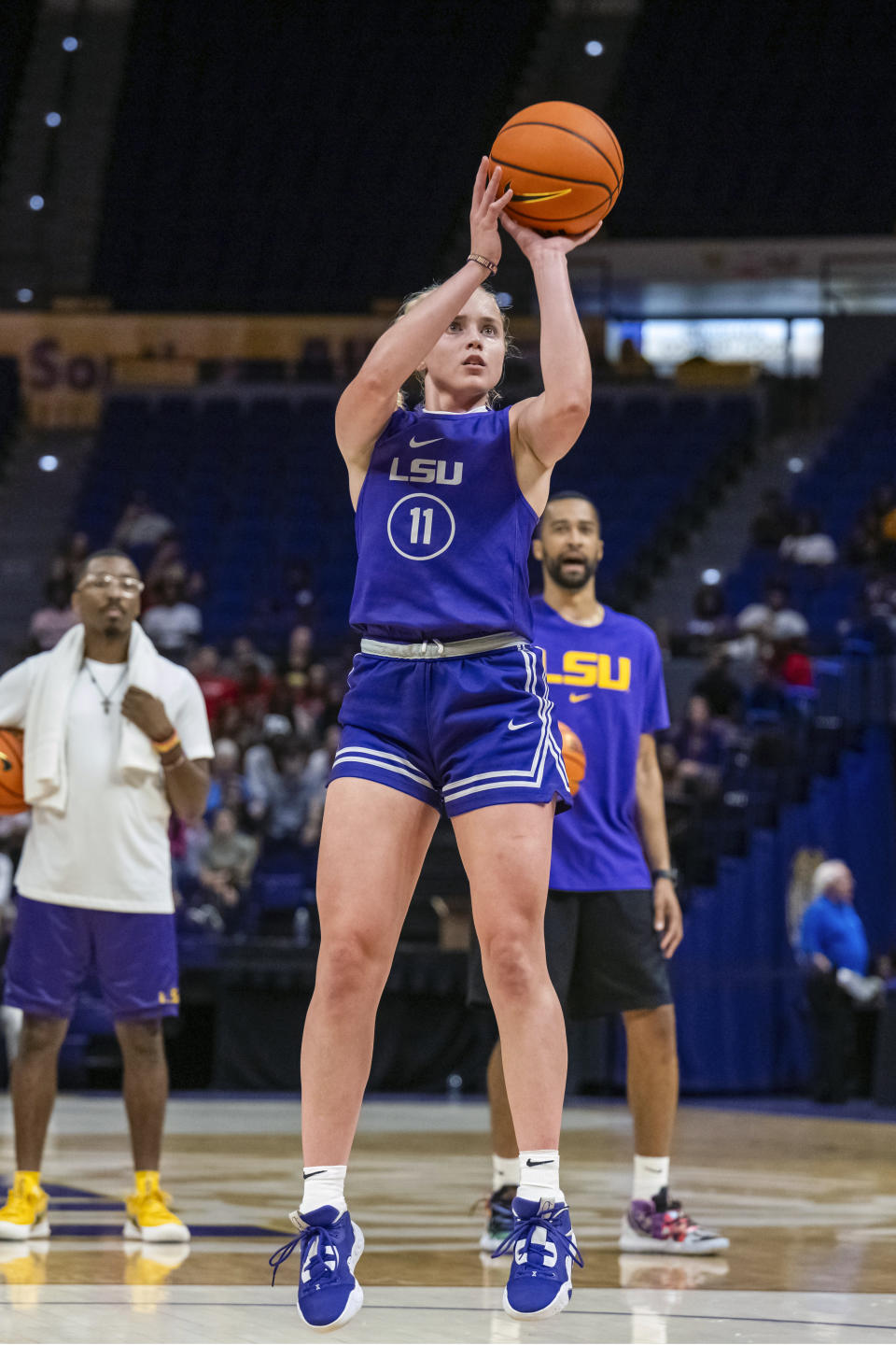 LSU guard Hailey Van Lith (11) takes a jump shot during practice at the Pete Maravich Assembly Center in Baton Rouge, La., Monday, Sept. 25, 2023. LSU is ranked No. 1 in the AP Top 25 preseason women's basketball poll, released Tuesday, Oct. 17, 2023. There's clearly a lot of optimism around LSU as they return a stellar group, including Angel Reese and added two huge transfers with Hailey Van Lith and Aneesah Morrow. (Michael Johnson/The Advocate via AP)