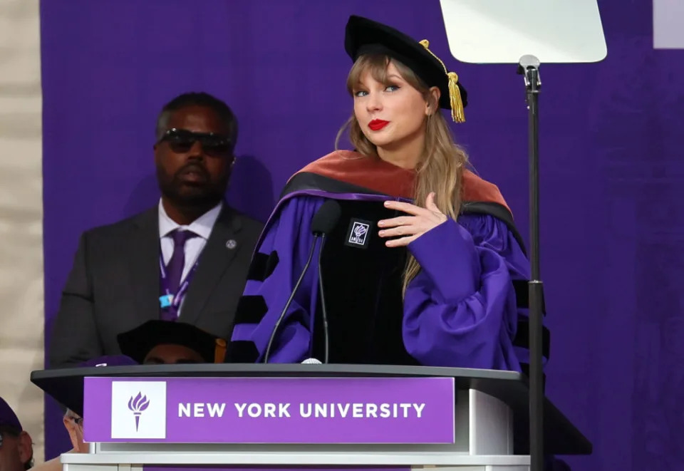 NEW YORK, NEW YORK - MAY 18: Taylor Swift Delivers New York University 2022 Commencement Address at Yankee Stadium on May 18, 2022 in New York City. (Photo by Dia Dipasupil/Getty Images)