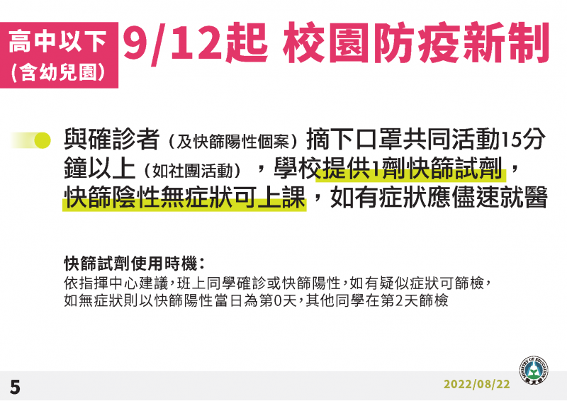 111學年度第一學期各級學校開學防疫措施（高中2）。（圖／教育部提供）