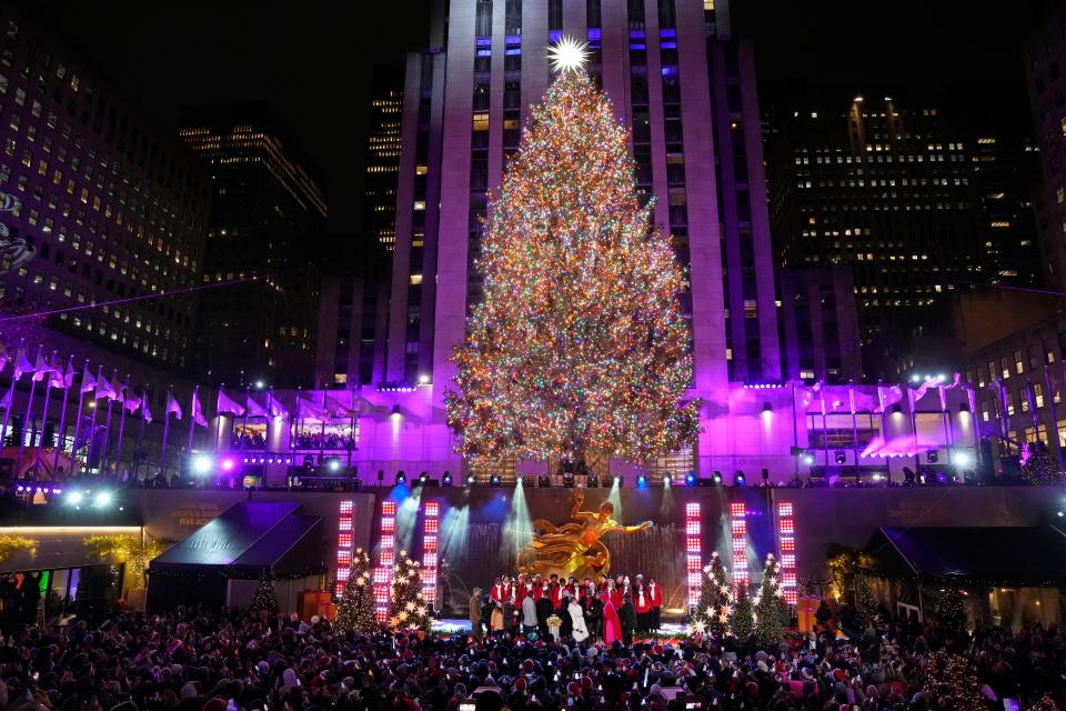 The Rockefeller Center Christmas tree is lit on Wednesday, Nov. 29, 2023, in New York.