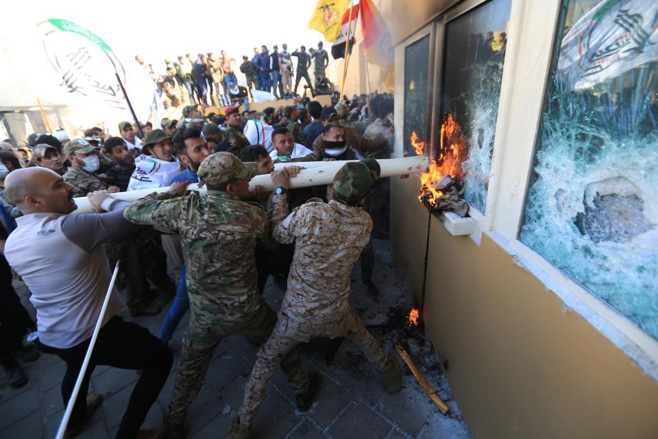 Outraged Iraqi protesters storm the U.S. Embassy in Baghdad, protesting Washington's attacks on armed battalions belong to Iranian-backed Hashd al-Shaabi forces on December 31, 2019. (Photo: Murtadha Sudani/Anadolu Agency via Getty Images)