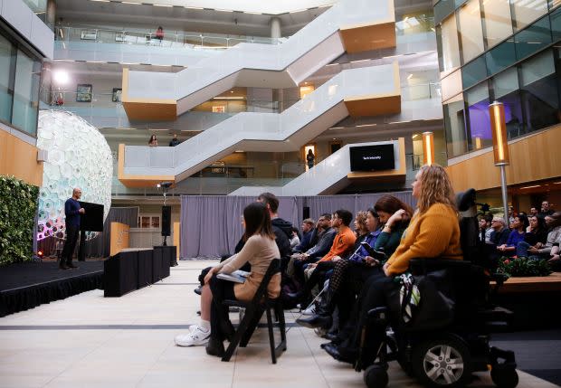 Microsoft CEO Nadella speaks as the company announces plans to be carbon negative by 2030 and to negate all the direct carbon emissions ever made by the company by 2050 at their campus in Redmond