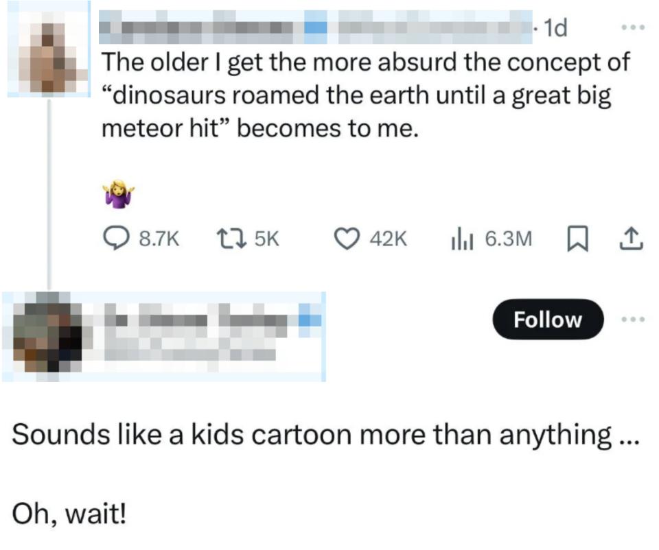 Candace Owens tweets humorously about dinosaurs and meteors; Dr. Steve Turley replies comparing it to a kids' cartoon